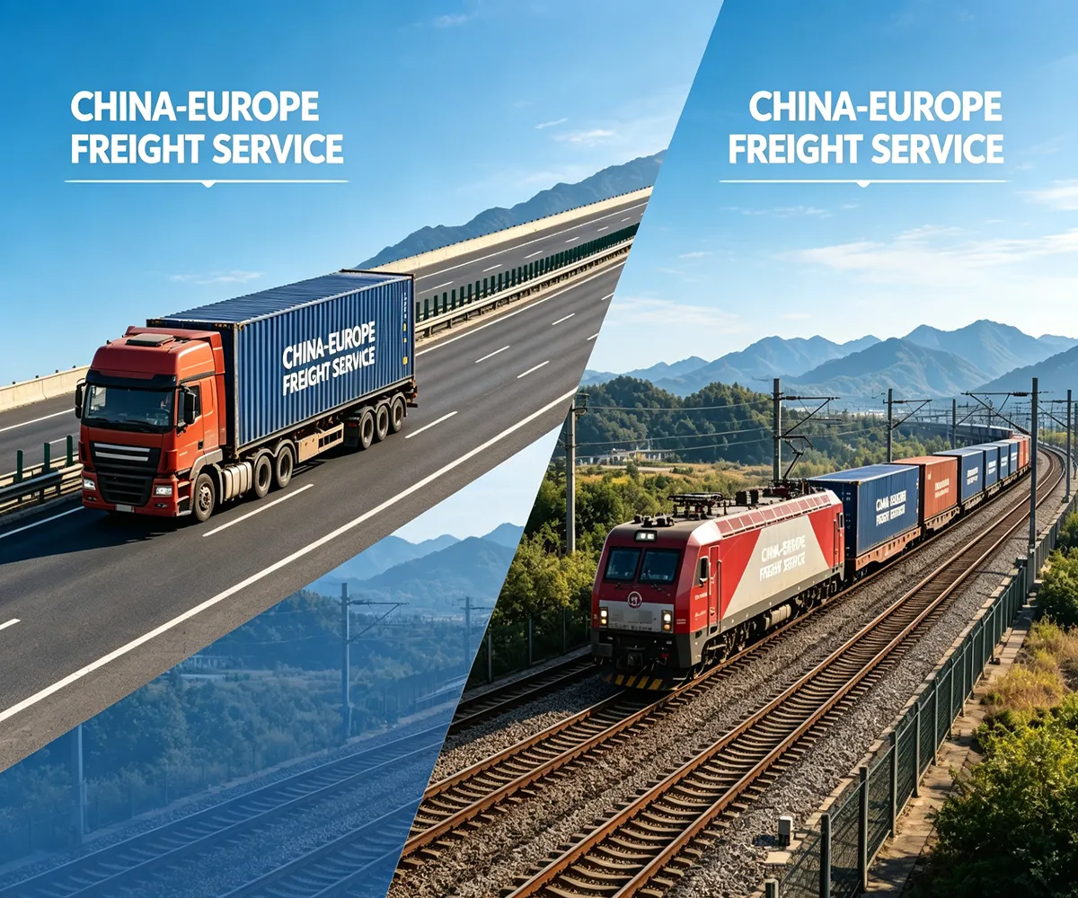 International road freight transport and rail freight logistics services, showing cross-border trucking and intermodal cargo shipping for global delivery