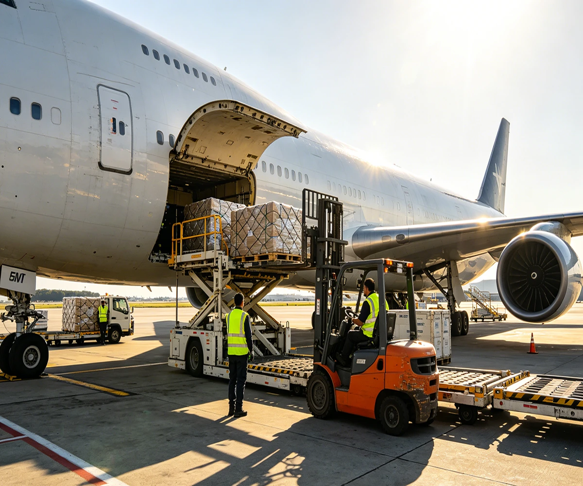 Professional air freight services cargo loading at airport for global delivery