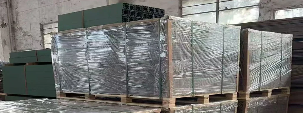 Warehouse stacked pallet goods wrapped with stretch film for international freight forwarding shipping